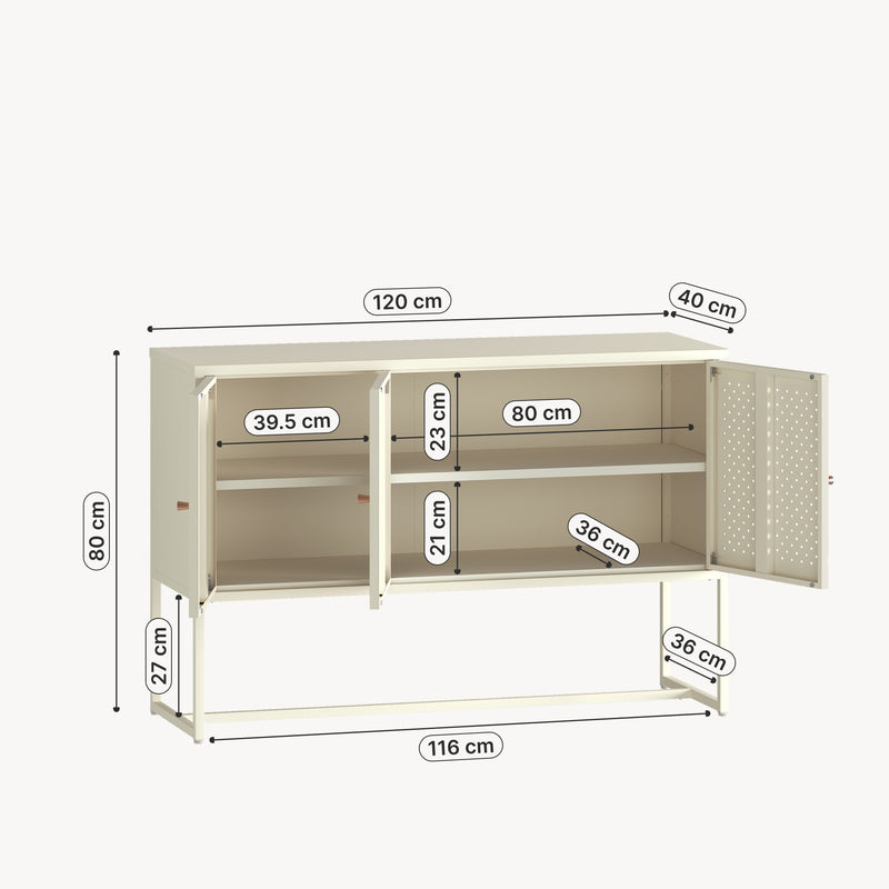 Croquis coté Commode Viitasaari 120 x 40 x 80 cm acier blanc crème [en.casa]