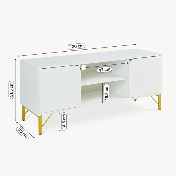 Meuble TV Reyri 120 x 39 x 52 cm blanc doré [en.casa]