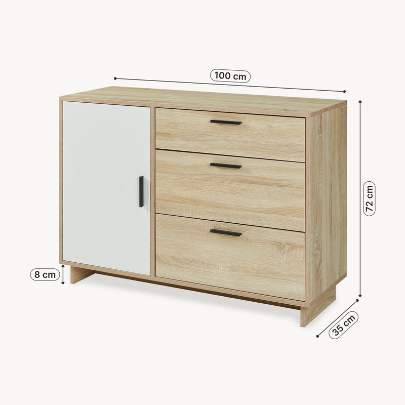 Croquis coté Commode Kenta 100 x 35 x 72 cm effet chêne sonoma blanc [en.casa]