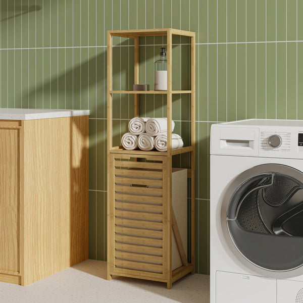 Étagère de salle de bain avec panier à linge Anun 130 x 36 x 33 cm bambou effet bois [en.casa]