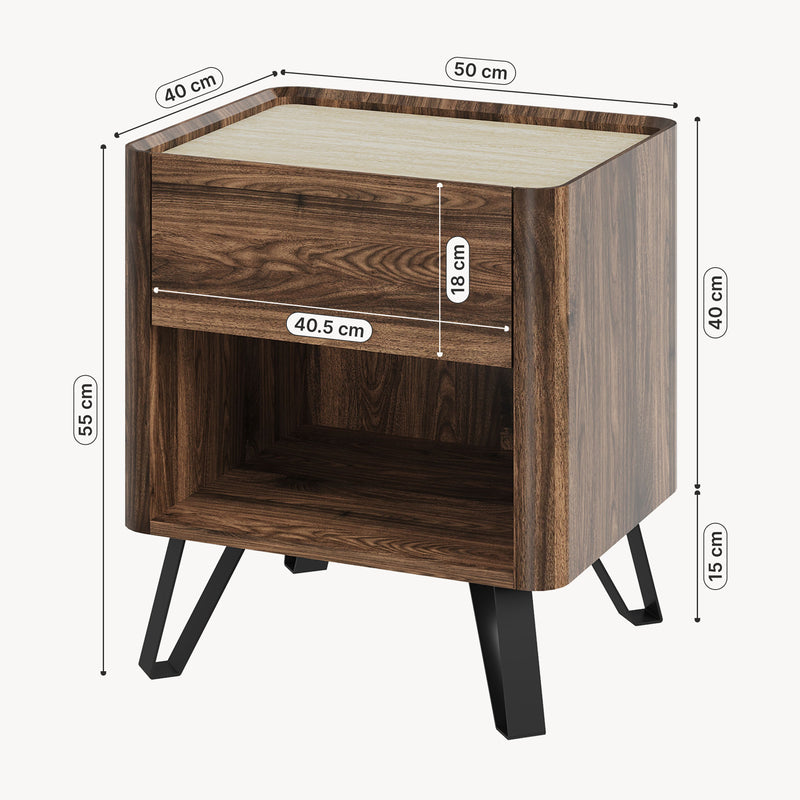 Croquis coté Table de chevet Trorlon 55x50x40 cm aspect noyer/travertin [en.casa]