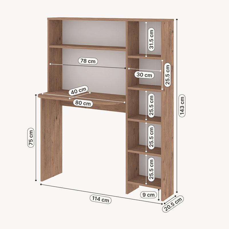 Croquis coté Bureau Onega avec étagère intégrée 143 x 114 x 40 cm effet bois [en.casa]