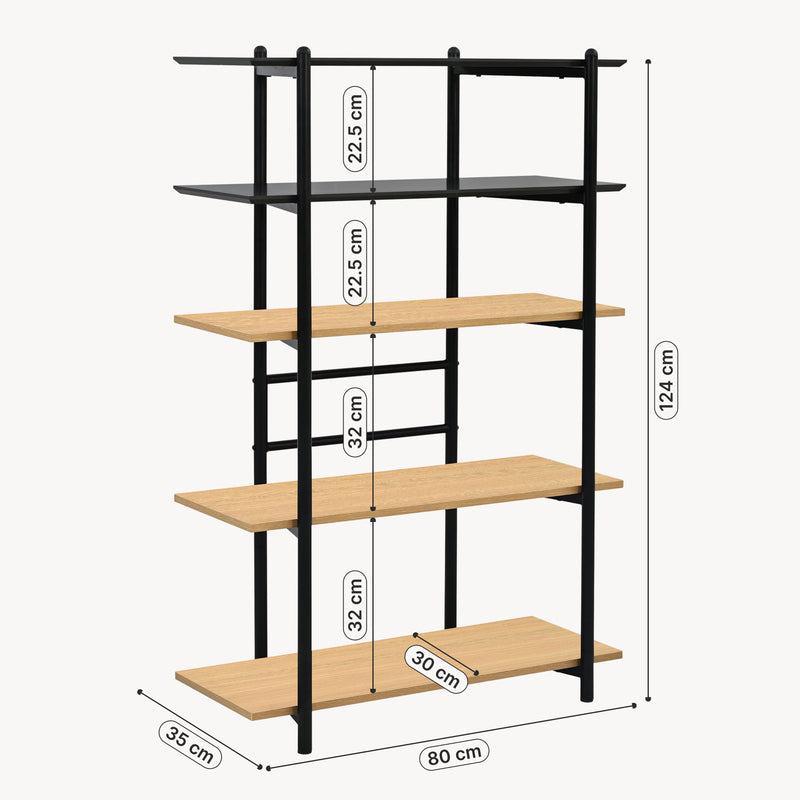 Croquis coté Bibliothèque Kappespoo avec 5 étagères 124 x 80 x 35 cm noir / effet chêne [en.casa]