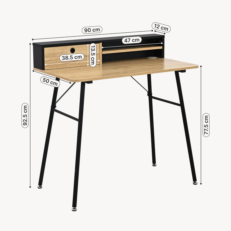 Croquis coté Bureau Var 93x90x50 cm Noir/Aspect chêne [en.casa]