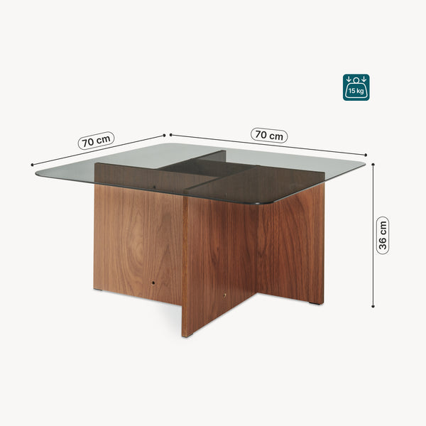 Table basse Benexjö avec plateau en verre 70 x 70 x 36 cm effet noyer / gris [en.casa]