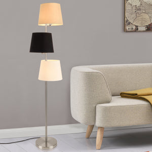 Lampadaire avec 3 Douilles Métal et Tissu 3 x E14 Hauteur 149 cm Abat-jour 26 cm Argenté Crème Noir Blanc [lux.pro] 