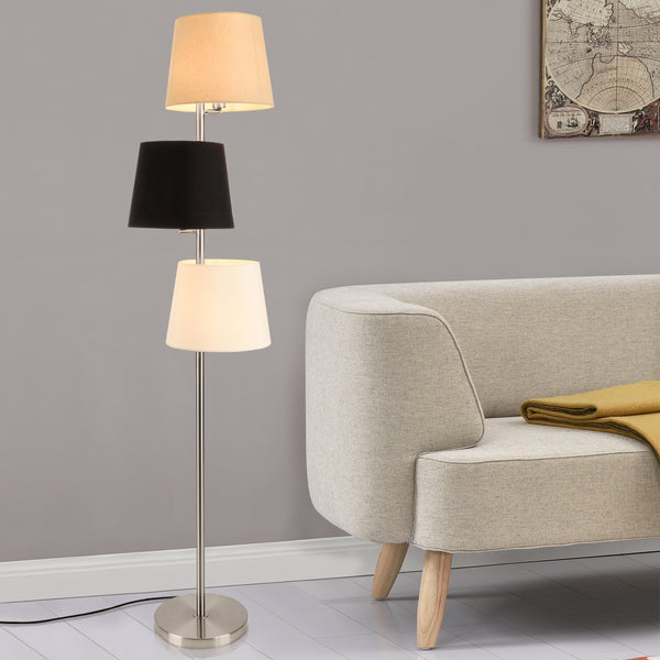 Lampadaire avec 3 Douilles Métal et Tissu 3 x E14 Hauteur 149 cm Abat-jour 26 cm Argenté Crème Noir Blanc [lux.pro] 