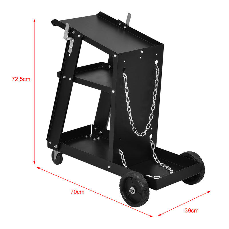 Croquis coté Chariot de Soudage avec 3 Plateaux et Rangement de Bouteille de Gaz Acier Noir [pro.tec]