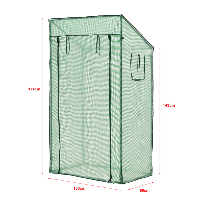 Croquis coté Serre de tomates Marzano en acier et polyéthylène à porte et 2 fenêtres zippée 100 x 60 x 143 - 174 cm vert [en.casa]