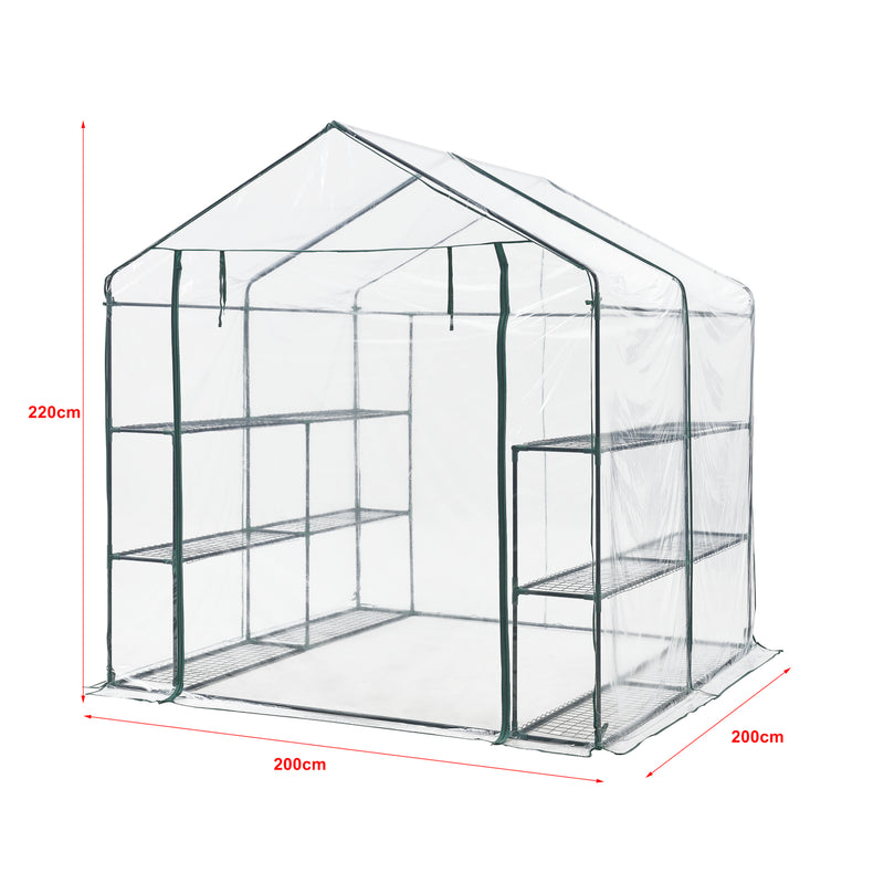 Croquis coté Serre de jardin Grünau en acier et PVC avec étagères intégrées 200 x 200 x 220 cm [en.casa]