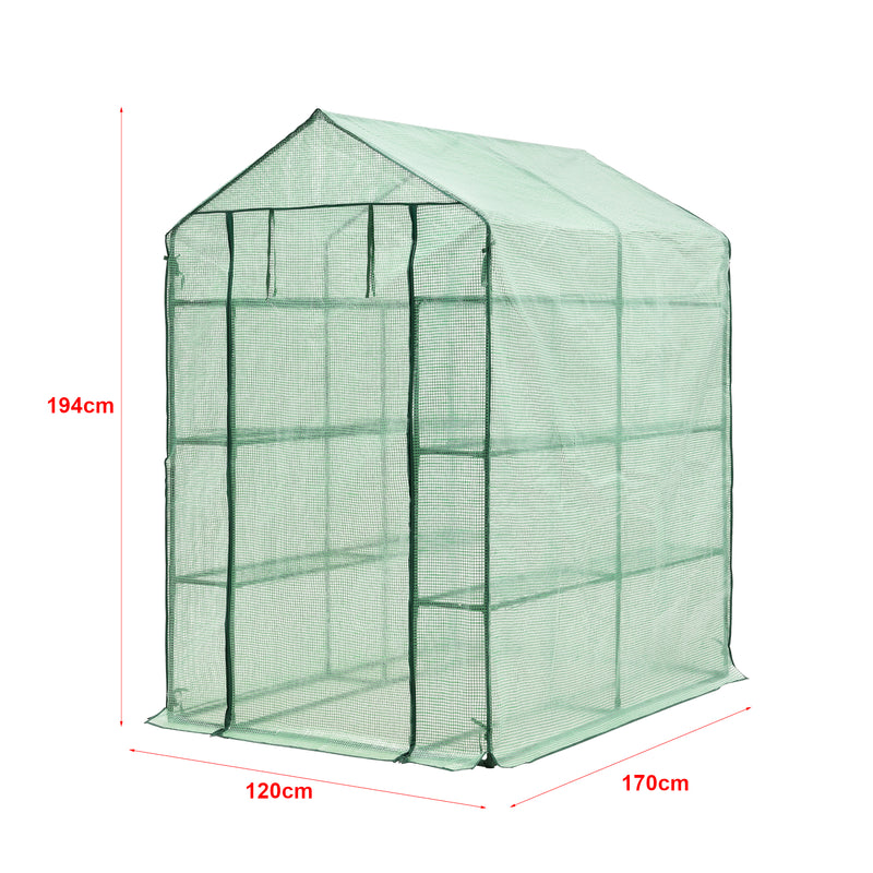 Croquis coté Serre de jardin Vale en acier et polyéthylène avec étagères intégrées 120 x 170 x 194 cm vert [en.casa]