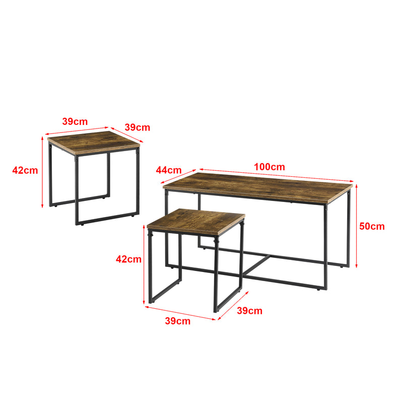 Croquis coté Set de 3 tables gigognes Haparanda Effet bois foncé Noir mat [en.casa]