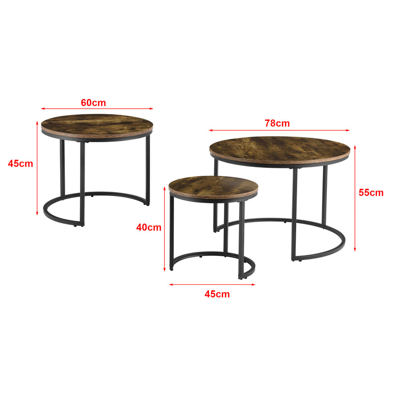 Croquis coté Lot de 3 tables basses gigognes Arvidsjaur Effet bois foncé Rondes [en.casa]