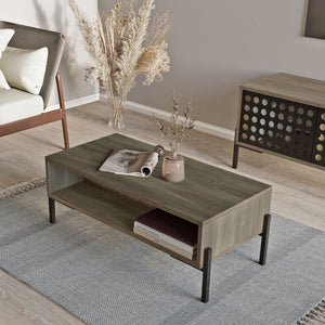 Table basse Lemland avec 3 compartiments de rangement 94 x 44,5 x 35,5 cm chêne gris [en.casa]