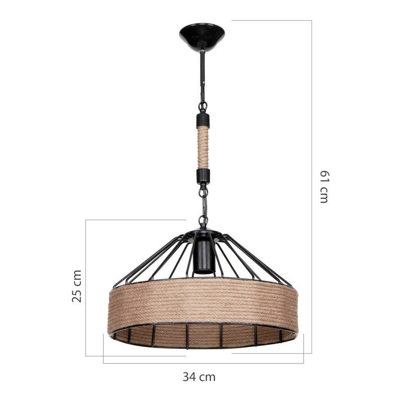 Croquis coté Suspension Bridgford en métal corde de jute 61 cm E27 noir / naturel [lux.pro]