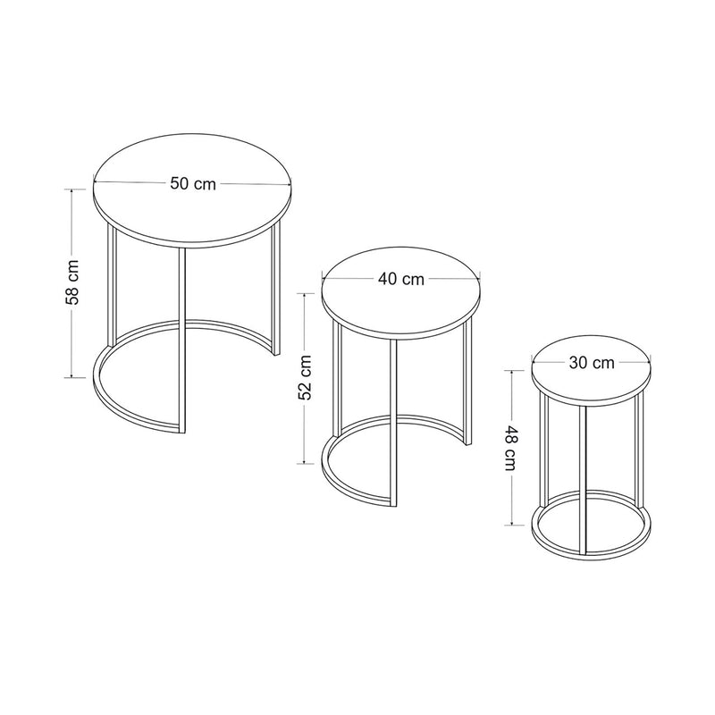 Croquis coté Set de 3 tables d'appoint Frederiksværk gigognes rondes marbre noir [en.casa]