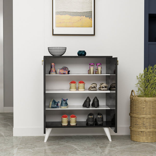 Meuble à chaussures Gjern à 4 niveaux avec 2 portes 91 x 72 x 37 cm marbre noir / blanc [en.casa]