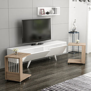 Table TV avec étagère et 2 tables d'appoint Glostrup aspect chêne / blanc [en.casa]