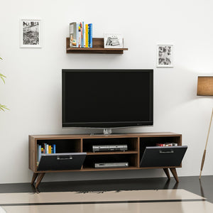 Table TV avec étagère murale Haderslev aspect noyer / anthracite [en.casa]