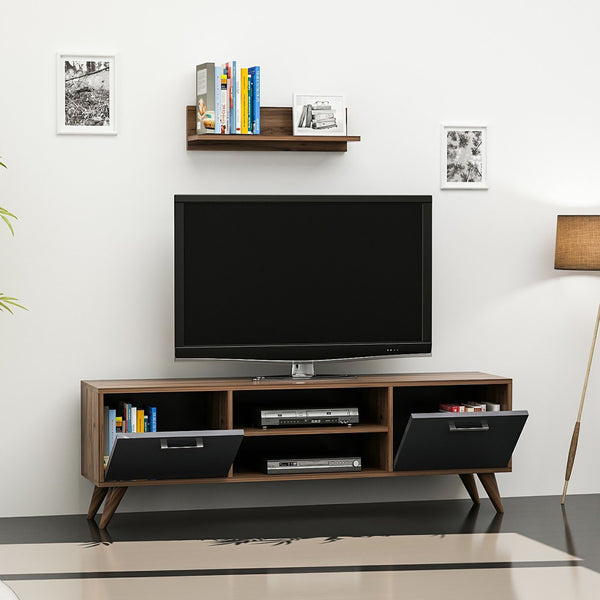 Table TV avec étagère murale Haderslev aspect noyer / anthracite [en.casa]