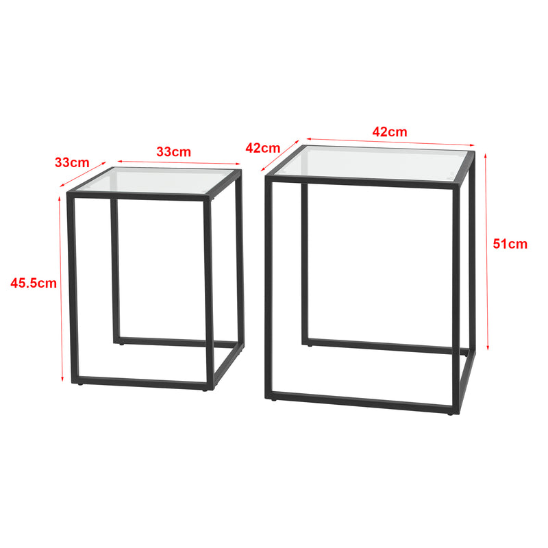 Croquis coté Lot de 2 tables d'appoint Holstebro gigognes en verre et métal transparent / noir [en.casa]