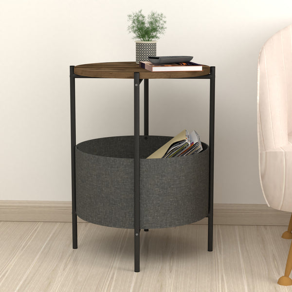 Table d'appoint ronde Hofors avec panier de rangement 60 x 43 cm effet chêne patiné / gris [en.casa]
