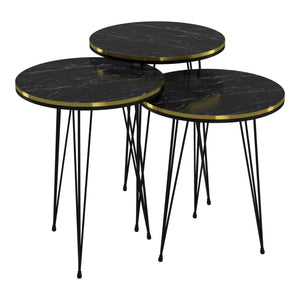 Table d'appoint Ry en lot de 3 Marbre, noir / or / noir [en.casa]