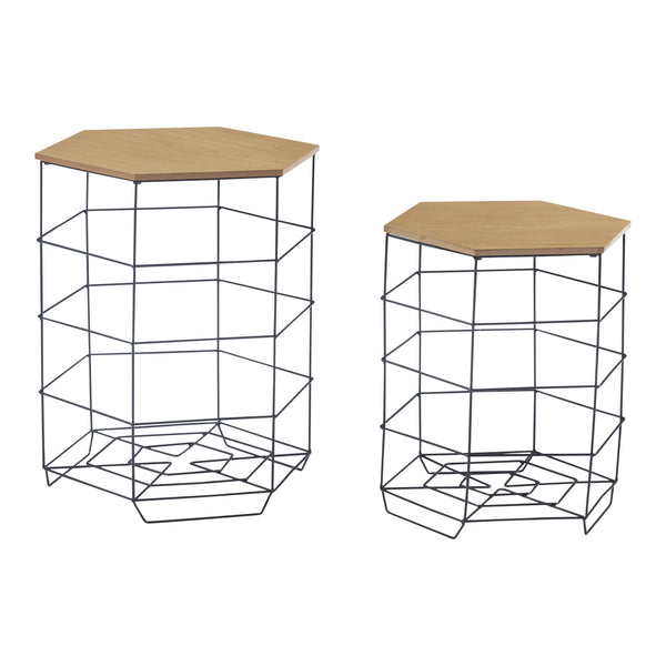 Ensemble de tables d'appoint Hørsholm Lot de 2 paniers en métal noir / couleur bois [en.casa]