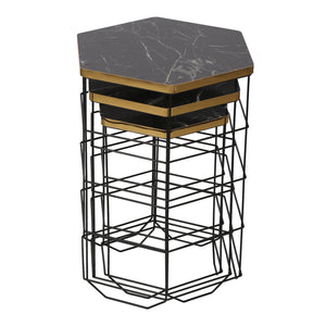 Set de tables d'appoint Hørning lot de 3 paniers en métal noir / aspect marbre [en.casa]