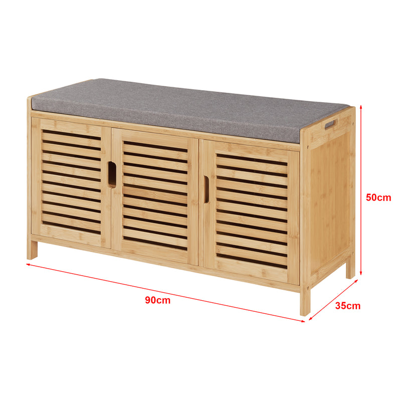 Croquis coté Banc à chaussures Selk bambou 50 x 90 x 35 cm naturel gris [en.casa]