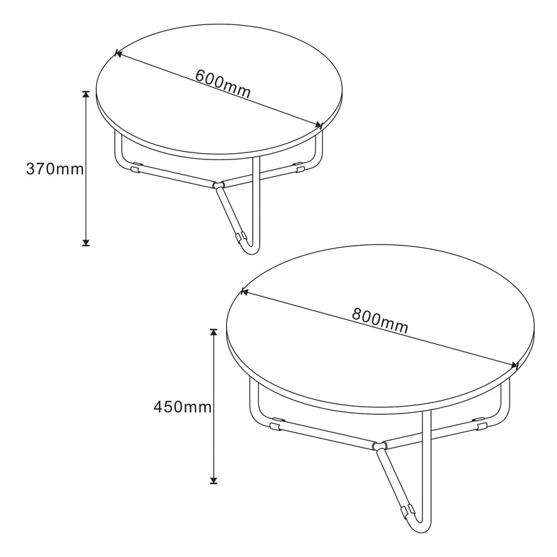 Croquis coté Set de 2 tables basses gigognes Poxdorf effet marbre noir [en.casa]