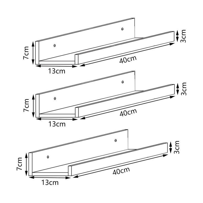 Croquis coté Set de 3 étagères murales Gildeskål bambou 40 x 13 x 7 cm naturel [en.casa]