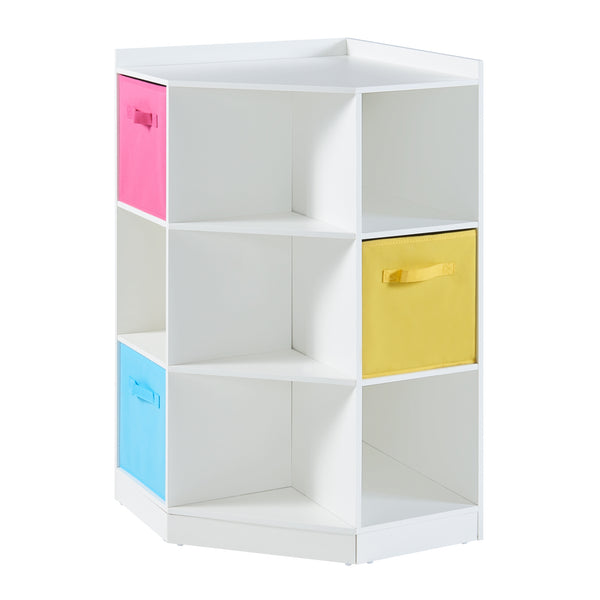 Étagère d'angle pour enfants Måsøy avec 9 compartiments ouvert et 3 boîtes de rangement 100 x 57 x 57 cm blanc rose bleu jaune [en.casa]