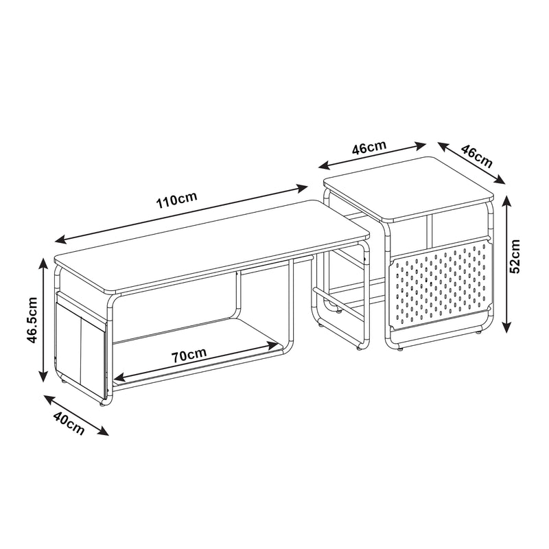 Croquis coté Ensemble de meuble TV et table d'appoint gigognes Dyrøy blanc effet chêne gris [en.casa]