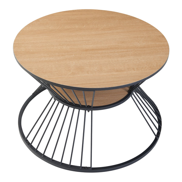 Table basse Fossbergom avec plateau rond et étagère métal MDF 42 x 70 cm noir effet chêne [en.casa]