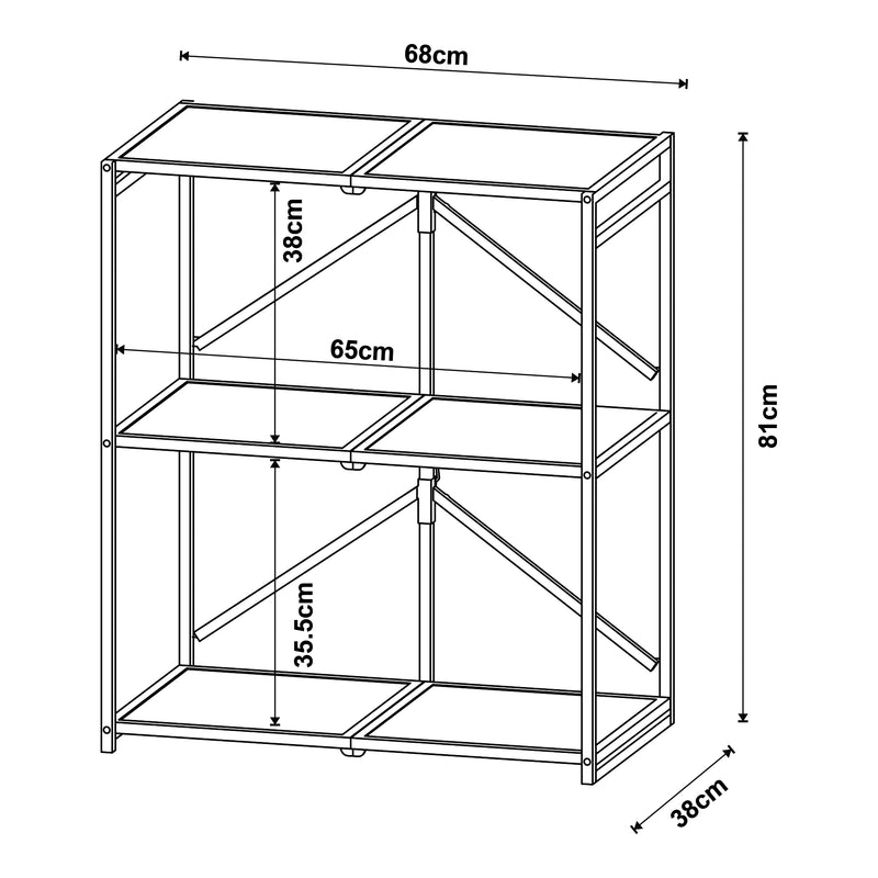 Croquis coté Étagère autoportante pliante Telemark à 3 niveaux métal MDF 81 x 68 x 38 cm noir effet chêne [en.casa]