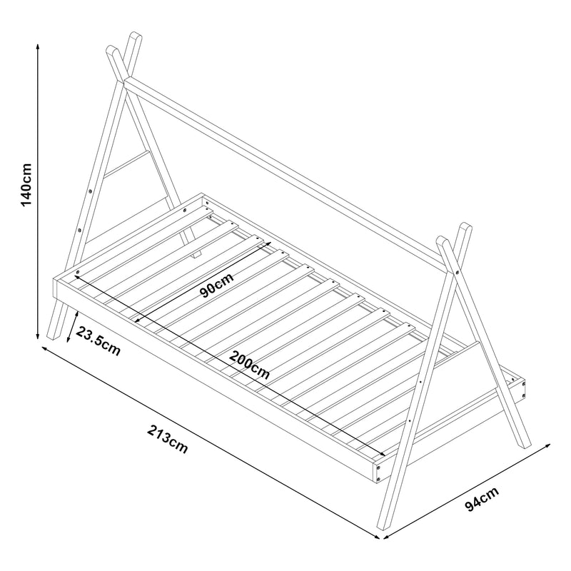 Croquis coté Lit tipi pour enfant Siikajoki bois de pin 90 x 200 cm naturel blanc [en.casa]