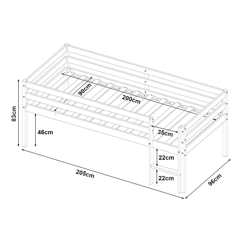 Croquis coté Lit enfant Siikalatva bois de pin 90 x 200 cm blanc [en.casa]