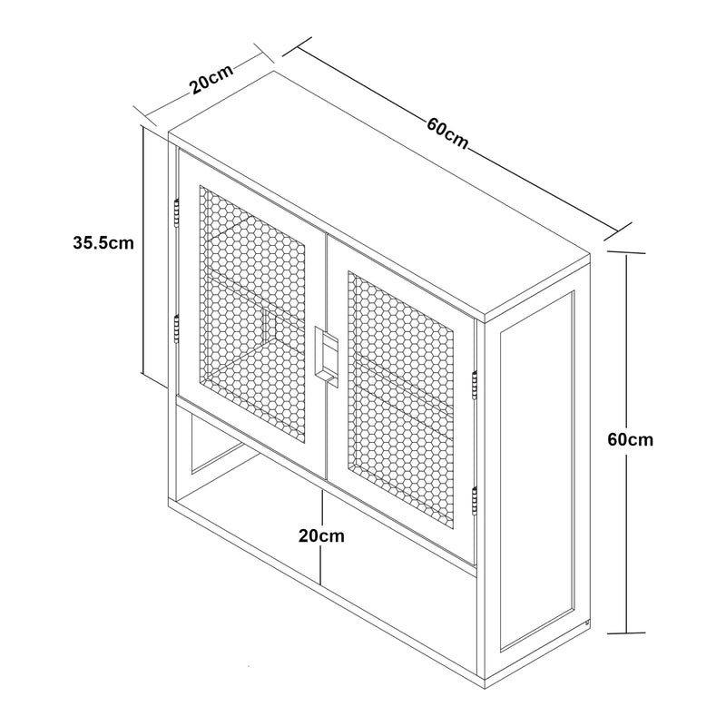 Croquis coté Armoire murale de salle de bain Tervola 60 x 60 x 20 cm noir naturel effet rotin [en.casa]