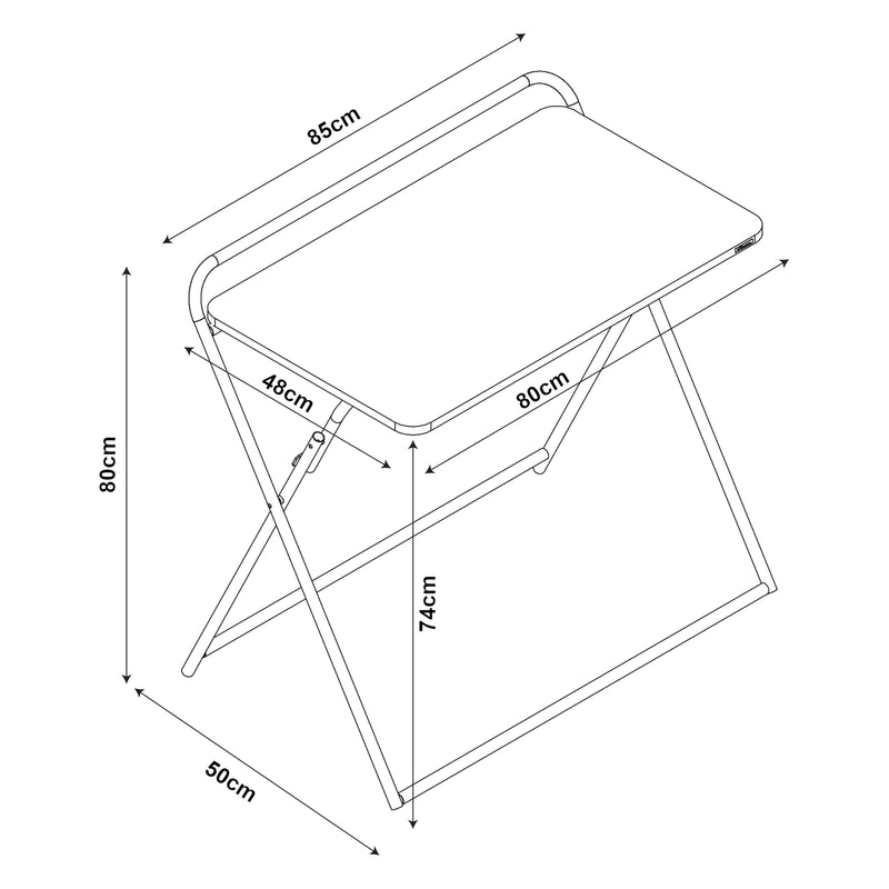Croquis coté Table pliante Kvitsøy acier panneau de particules 85 x 50 x 80 cm noir effet chêne [en.casa]