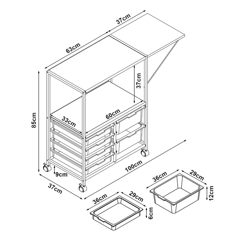 Croquis coté Chariot de service Sørfold avec 6 bacs coulissants acier 100 x 37 x 85 cm blanc [en.casa]