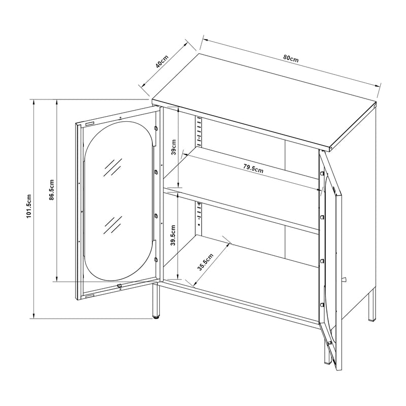 Croquis coté Buffet Karlskrona acier verre 102 x 80 x 40 cm noir [en.casa]

