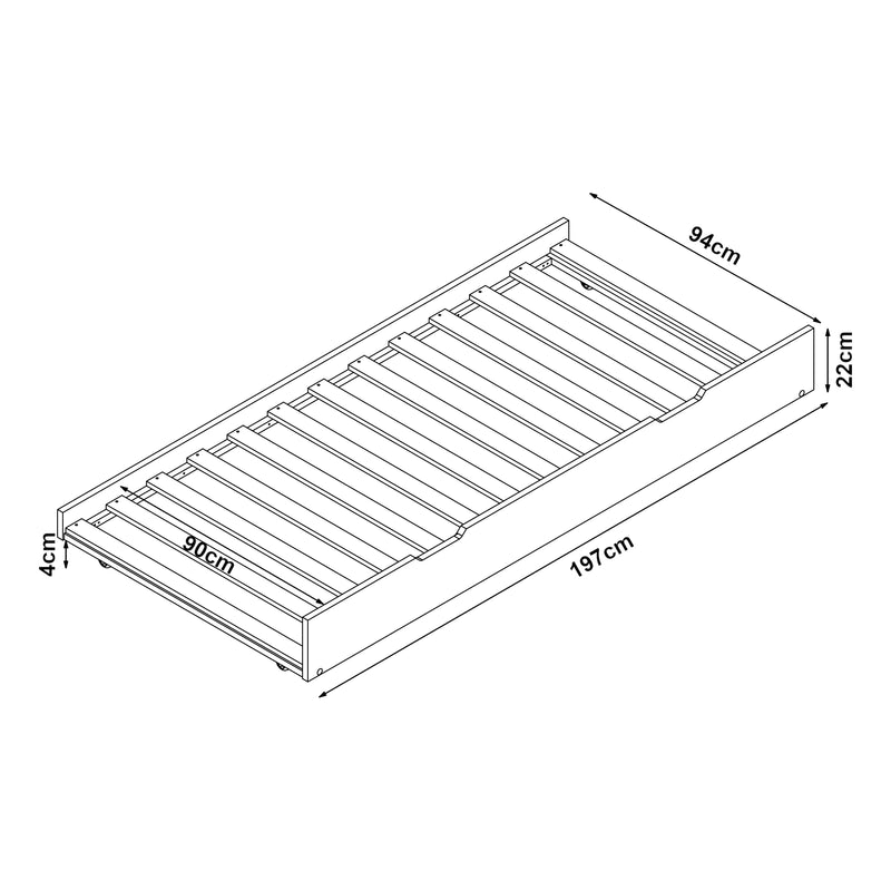 Croquis coté Lit d'appoint sur roulettes Ydre bois de pin 197 x 94 x 22 cm blanc [en.casa]