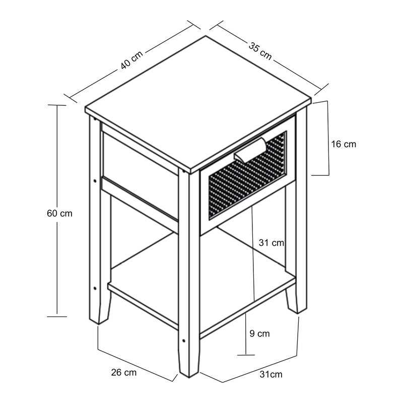 Croquis coté Table de chevet Leirfjord bambou 60 x 40 x 35 cm naturel aspect rotin [en.casa]