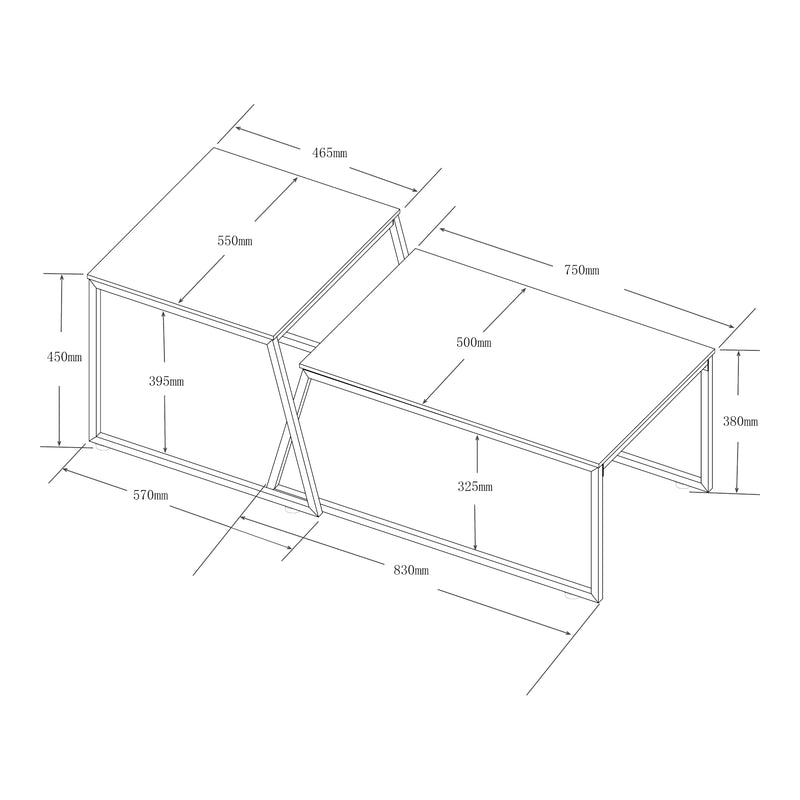 Croquis coté Lot de 2 tables basses gigognes Hyllestad noir effet béton [en.casa]