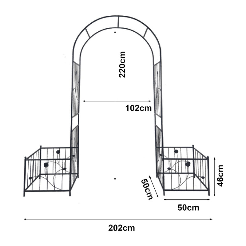 Croquis coté Arche à rosiers avec jardinières Barisciano acier 220 x 202 x 50 cm noir casa.pro