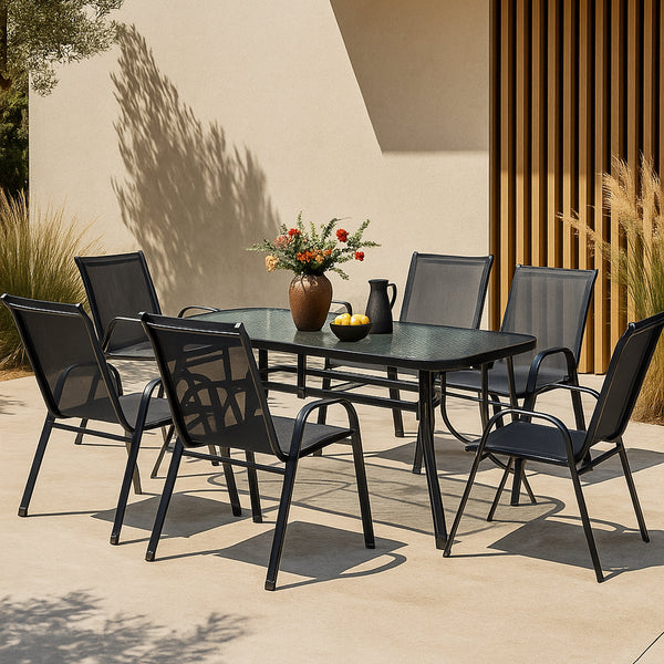Salon de jardin 7 pièces Aradeo avec table à manger et 6 chaises acier verre trempé textilène casa.pro