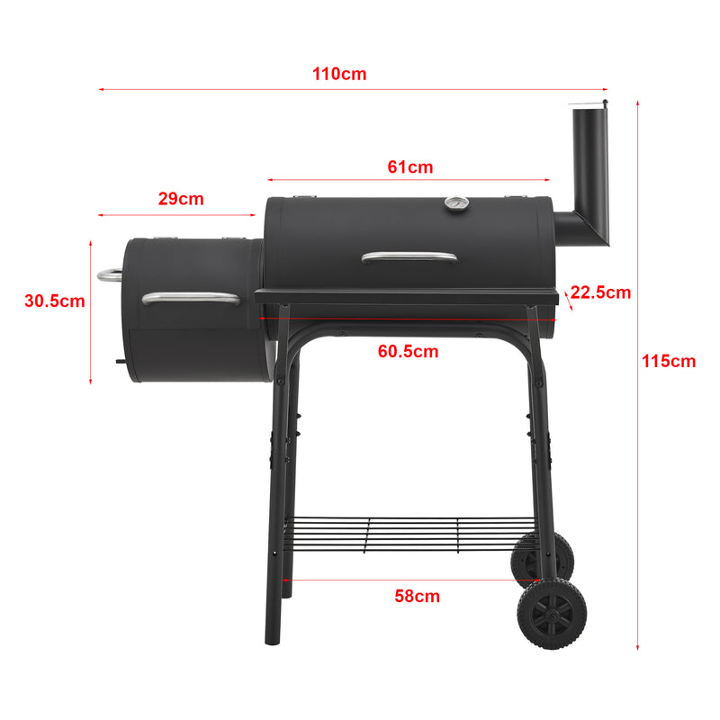 Croquis coté Barbecue fumoir Arielli 115 x 110 x 64 cm noir casa.pro