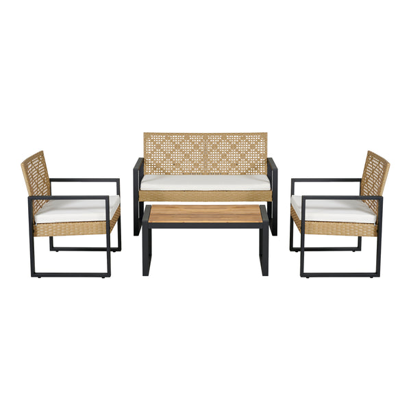 Salon de jardin 4 pièces Calciano aspect rotin beige noir naturel casa.pro