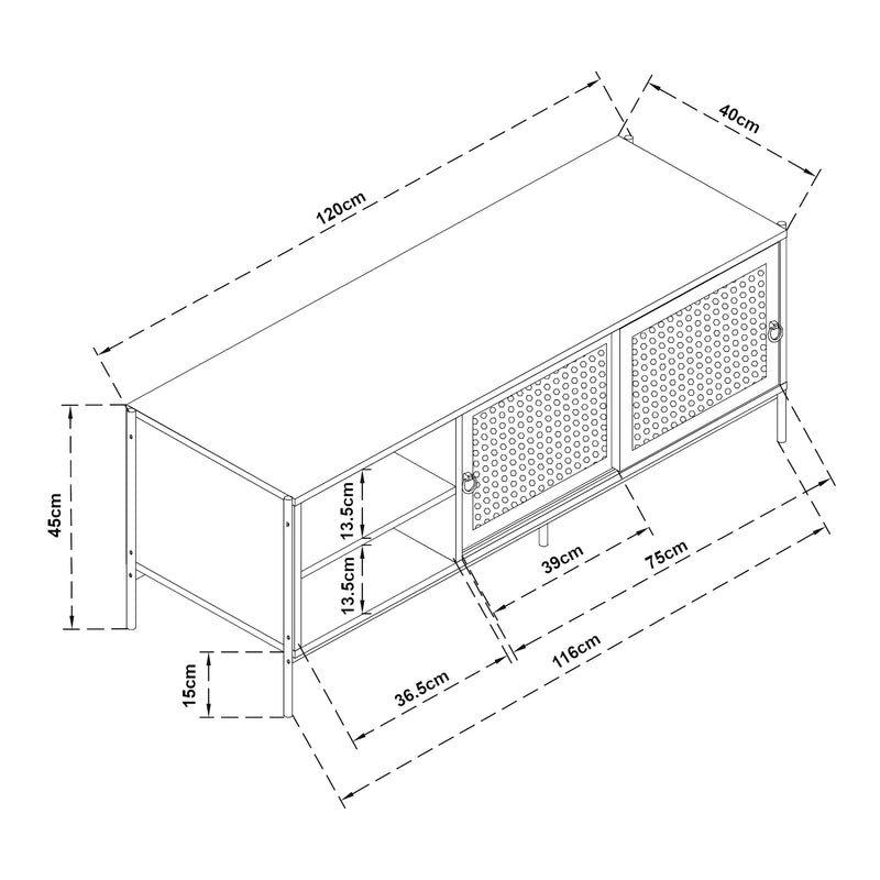 Croquis coté Meuble TV Tysnes 120 x 40 x 45 cm effet chêne noir [en.casa]